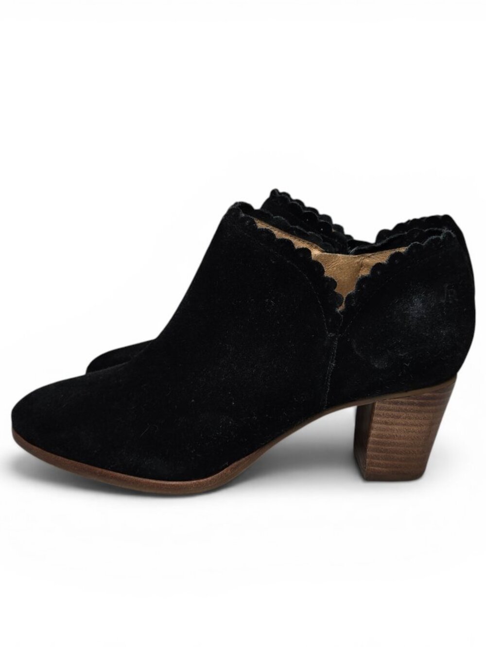 Jack Rogers Marianne Suede Booties Women Black‎ Scalloped Edges Block Heel 7M